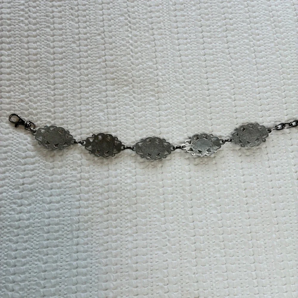 Y2K Silver Filigree Belt Metal Chain Amber Resin Romantic Low Slung Adjustable